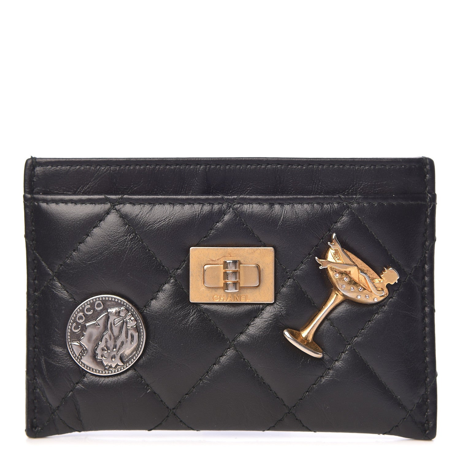 Chanel Aged Calfskin Quilted Lucky Charms Reissue Card Holder Black 1 of 11