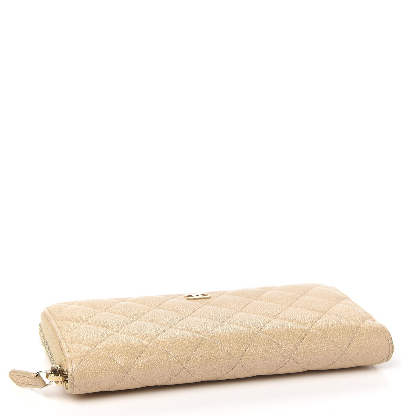 Iridescent Caviar Quilted Large Gusset Zip Around Wallet Beige Clair
