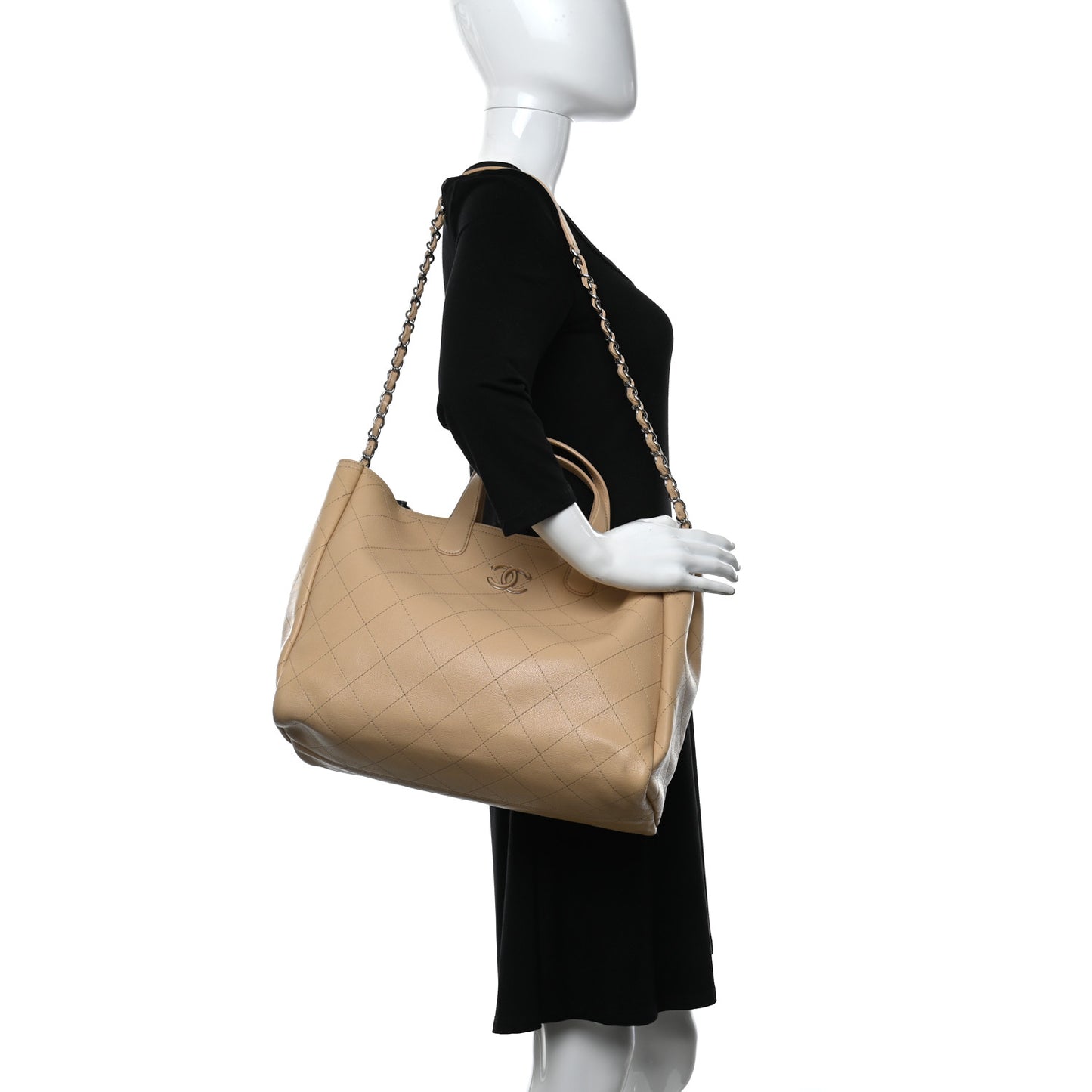 Caviar Stitched Large Shopping Tote Beige