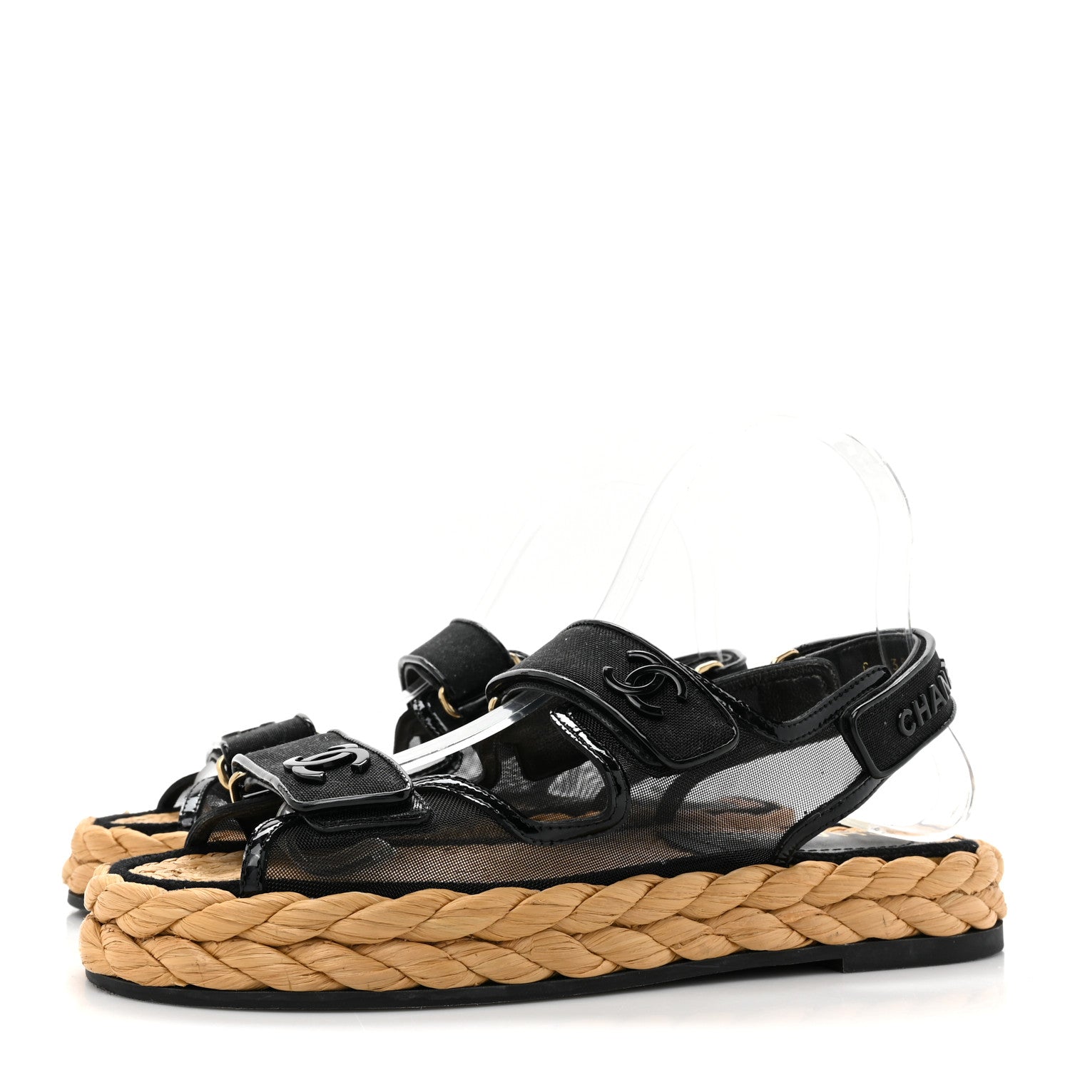 Chanel Mesh Patent Calfskin Velcro Dad Sandals 37.5 Black 3 of 10