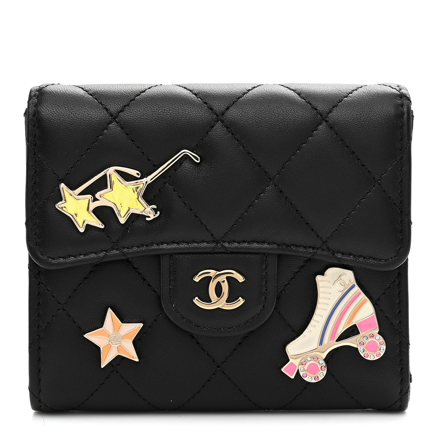 Chanel Lambskin Enamel Quilted Roller Skate Compact Flap Wallet Black 1 of 9