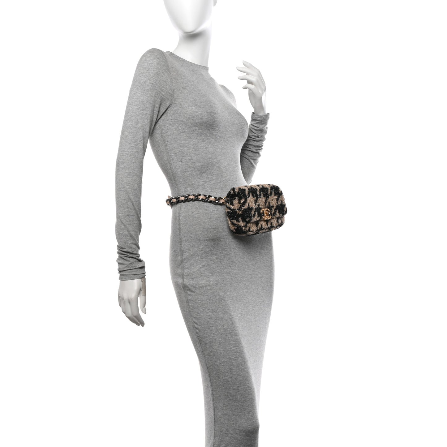 Tweed Quilted Chanel 19 Waist Bag Beige Black