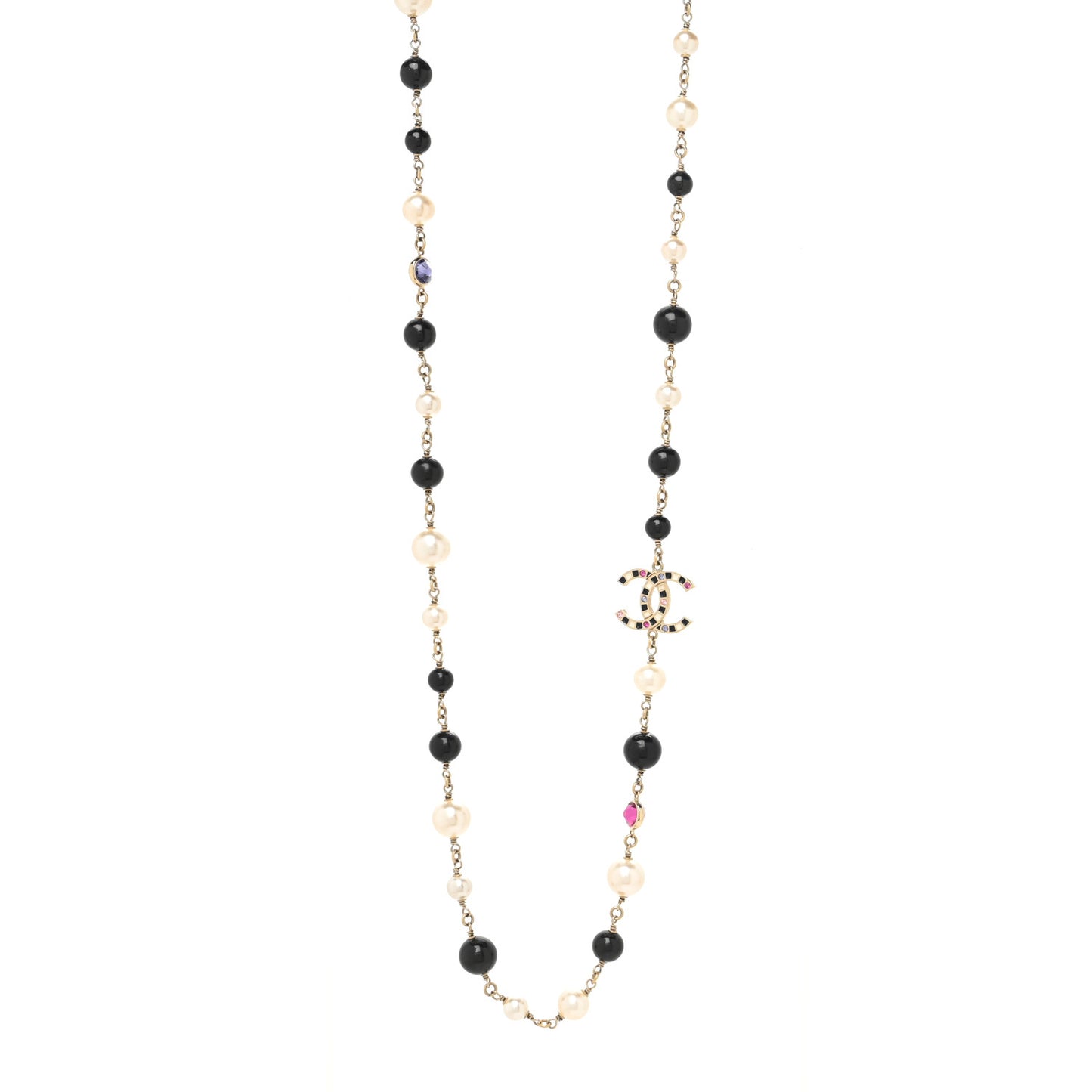 Crystal Enamel Pearl CC Bead Long Necklace Black Gold