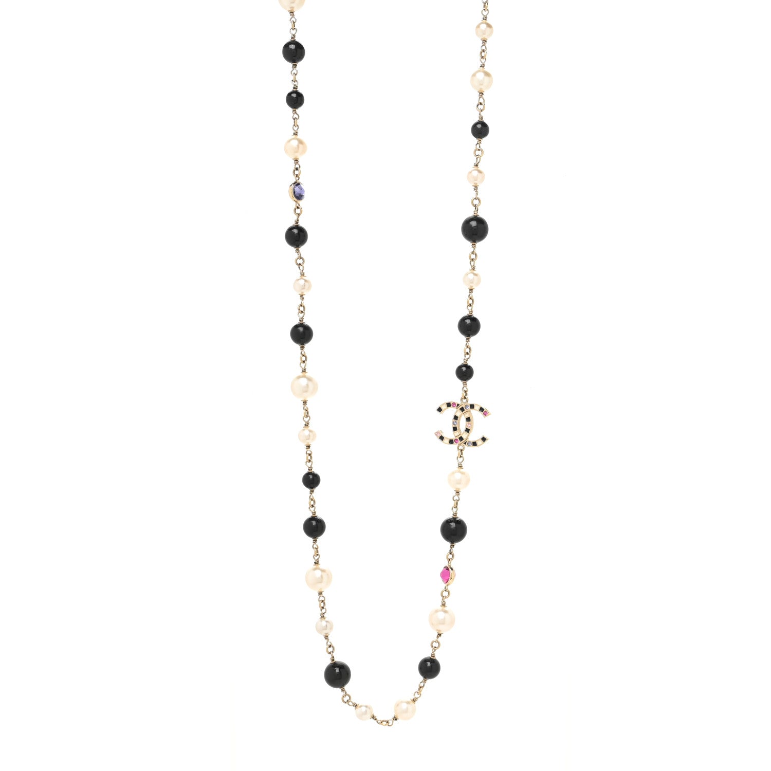 Chanel Crystal Enamel Pearl CC Bead Long Necklace Black Gold 1 of 3