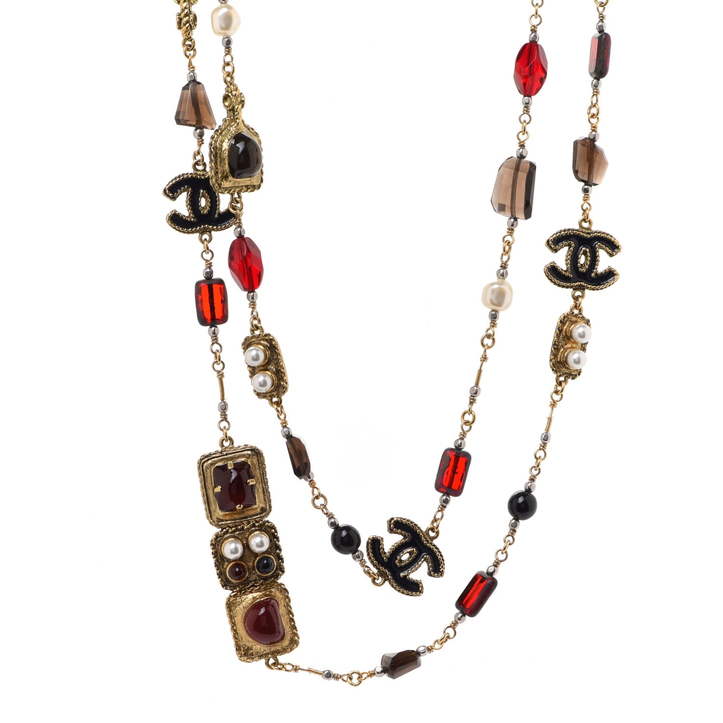 Gripoix Poured Glass Pearl CC Long Necklace Red Gold Multicolor
