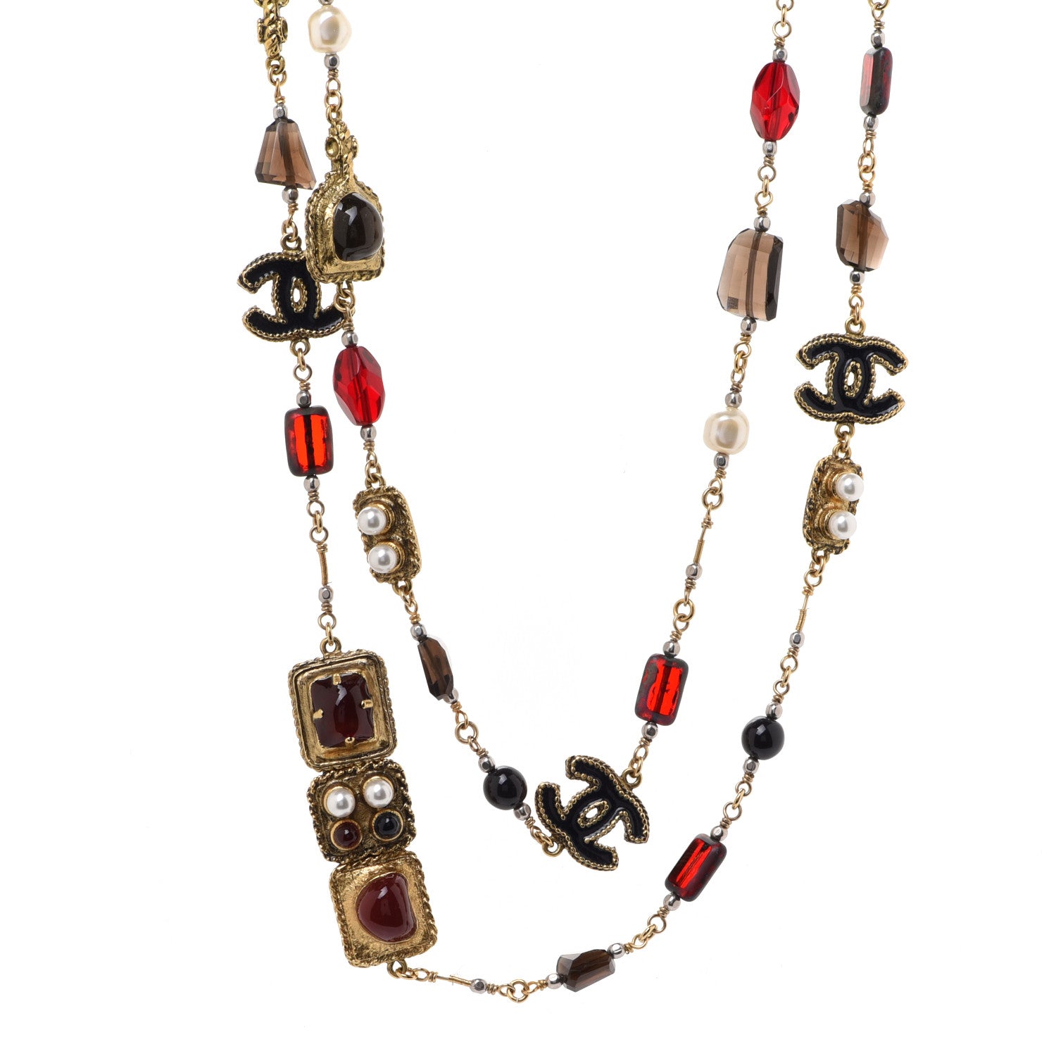 Chanel Gripoix Poured Glass Pearl CC Long Necklace Red Gold Multicolor 1 of 7
