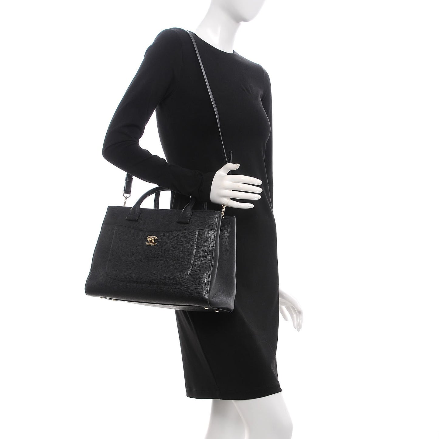 Grained Calfskin Small Neo Executive Shopper Tote Black