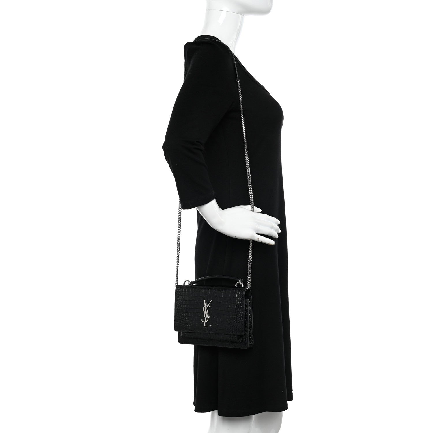Saint Laurent Calfskin Crocodile Embossed Monogram Sunset Top Handle Chain Wallet Black 2 of 12