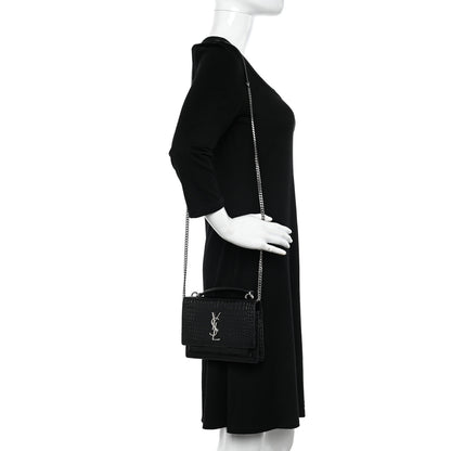 Saint Laurent Calfskin Crocodile Embossed Monogram Sunset Top Handle Chain Wallet Black 2 of 12