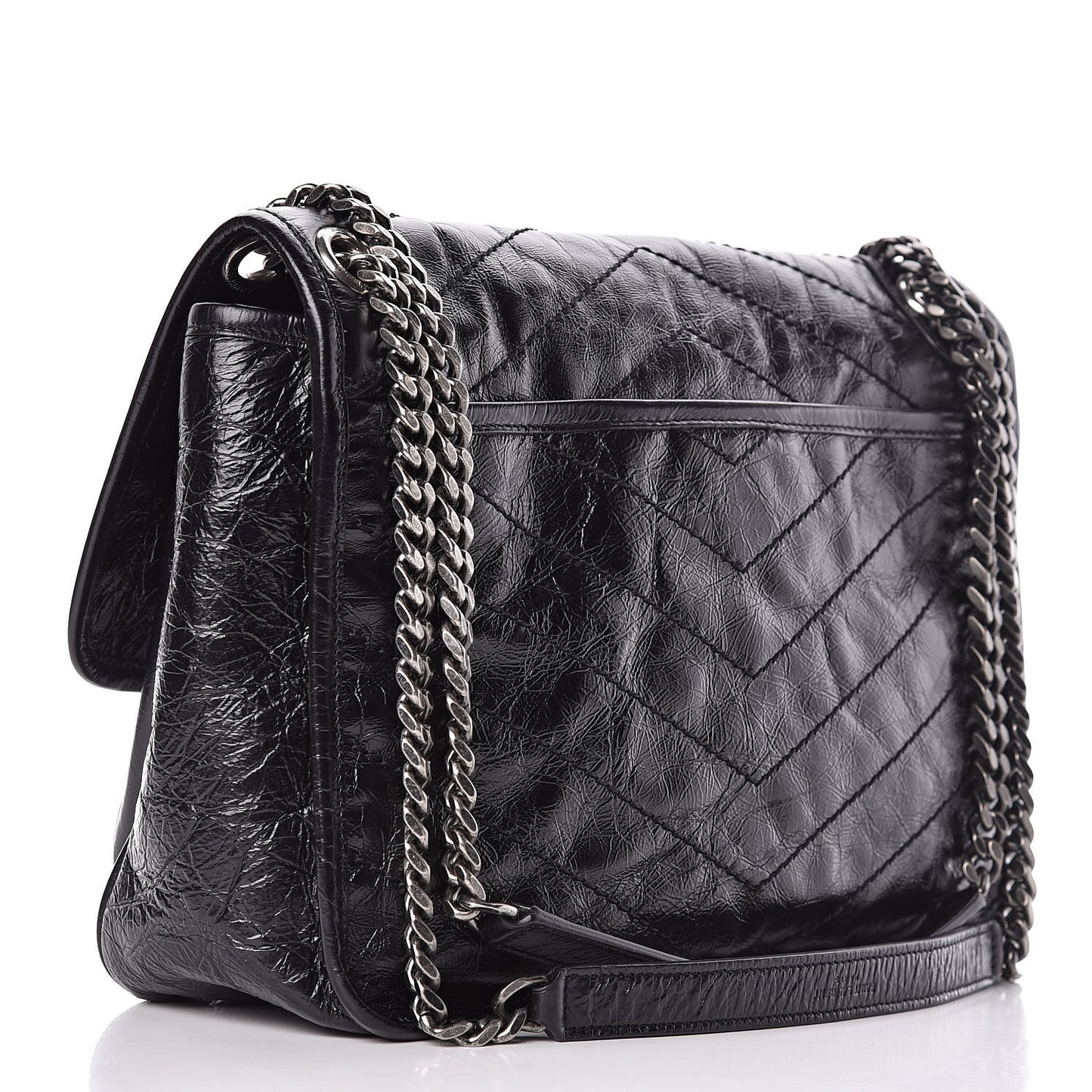 Crinkled Calfskin Matelasse Monogram Medium Niki Chain Satchel Black