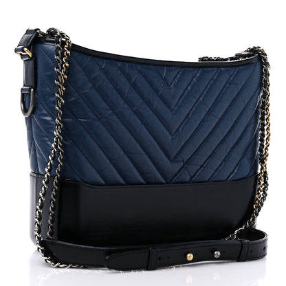 Chanel Aged Calfskin Chevron Quilted Medium Gabrielle Hobo Navy Black 3 of 11