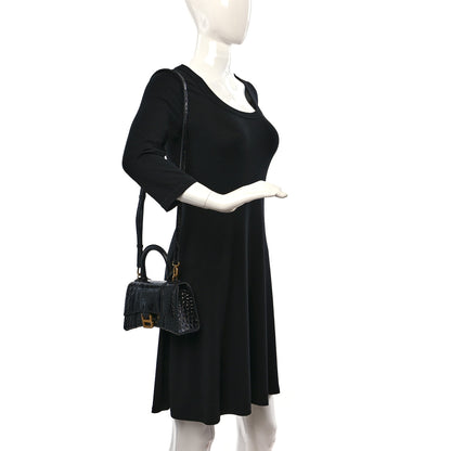 Balenciaga Shiny Calfskin Crocodile Embossed Hourglass Top Handle Bag XS Black 2 of 11