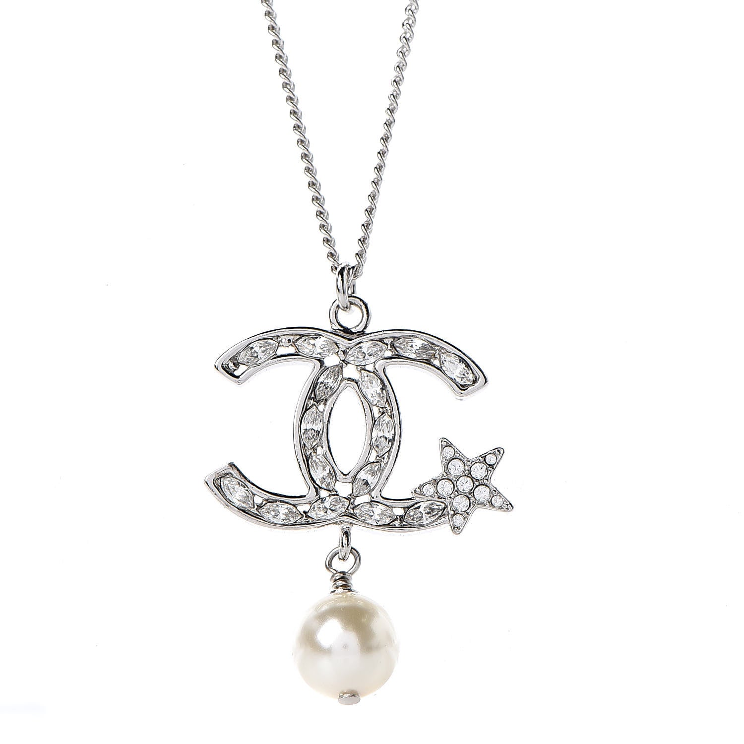Chanel Crystal CC Star Pearl Drop Necklace Silver 5 of 6