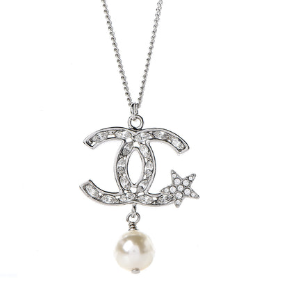 Chanel Crystal CC Star Pearl Drop Necklace Silver 5 of 6