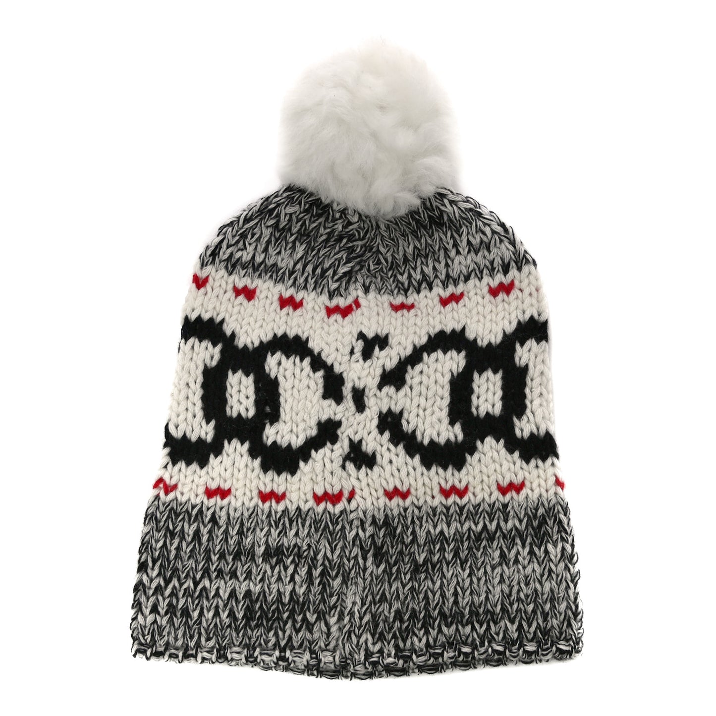 Wool Shearling CC Beanie Hat Ivory Black Red