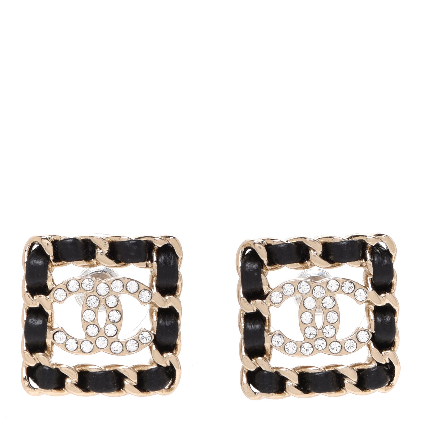 Crystal Lambskin Chain Sergeant Chanel Stud Earrings Black Gold