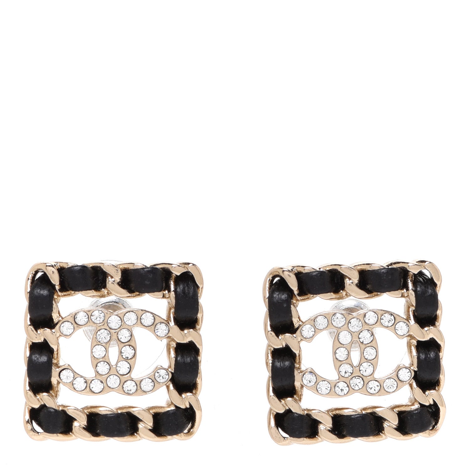 Chanel Crystal Lambskin Chain Sergeant Chanel Stud Earrings Black Gold 1 of 5