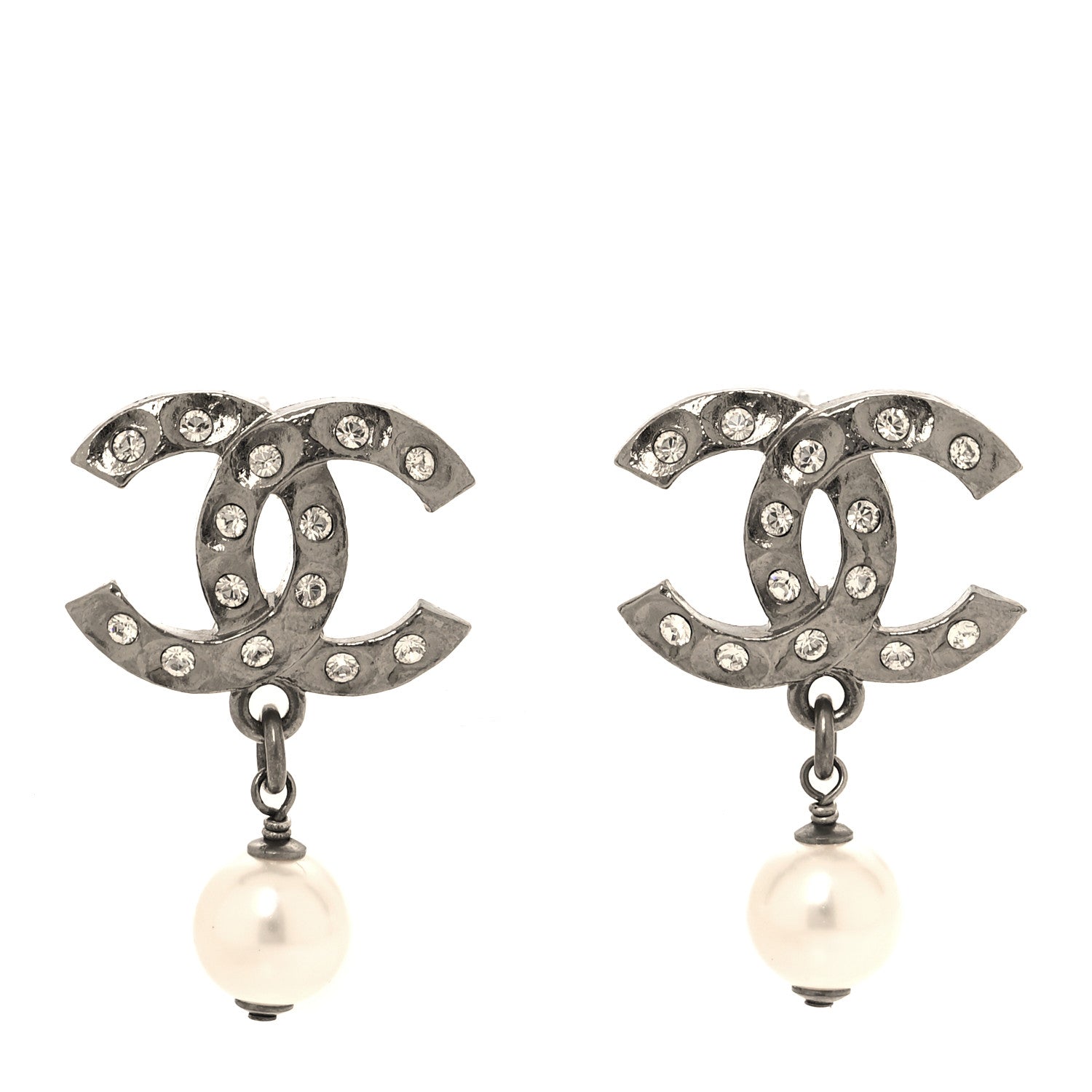 Chanel Crystal Pearl CC Drop Earrings Silver Pearly White 1 of 5