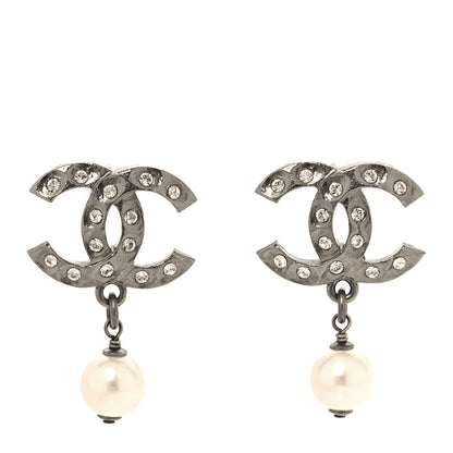 Chanel Crystal Pearl CC Drop Earrings Silver Pearly White 1 of 5