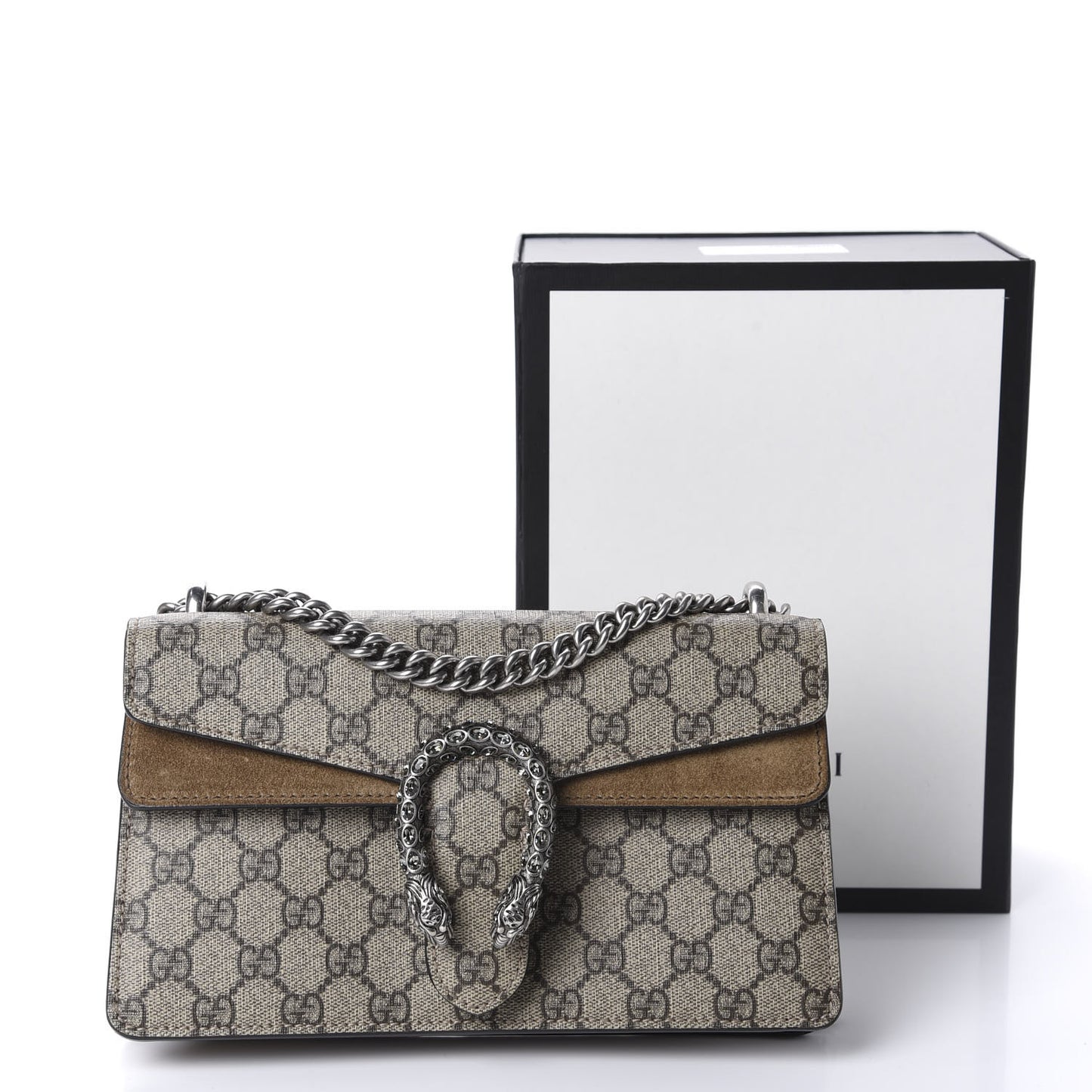 GG Supreme Monogram Suede Crystal Small Dionysus Shoulder Bag Beige Ebony Taupe