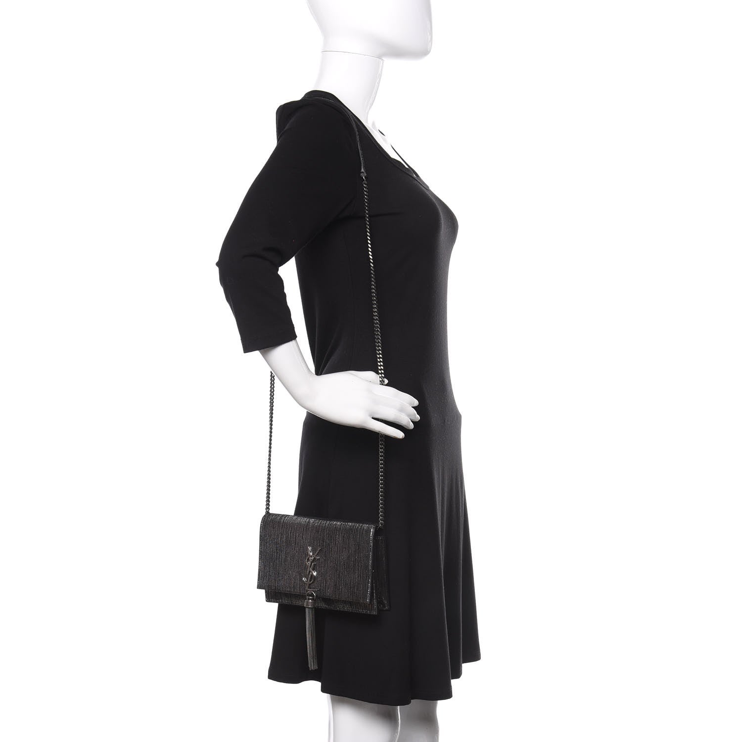Saint Laurent Metallic Suede Classic Monogram Kate Tassel Chain Wallet Black Silver 2 of 10