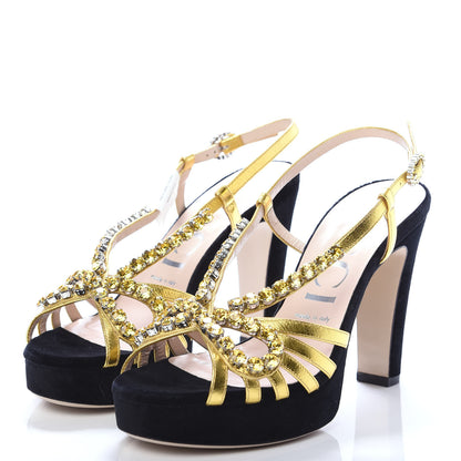 Gucci Velvet Nappa Crystal Zephyra Slingback Platform High Heel Sandals 38 Black Gold 3 of 11