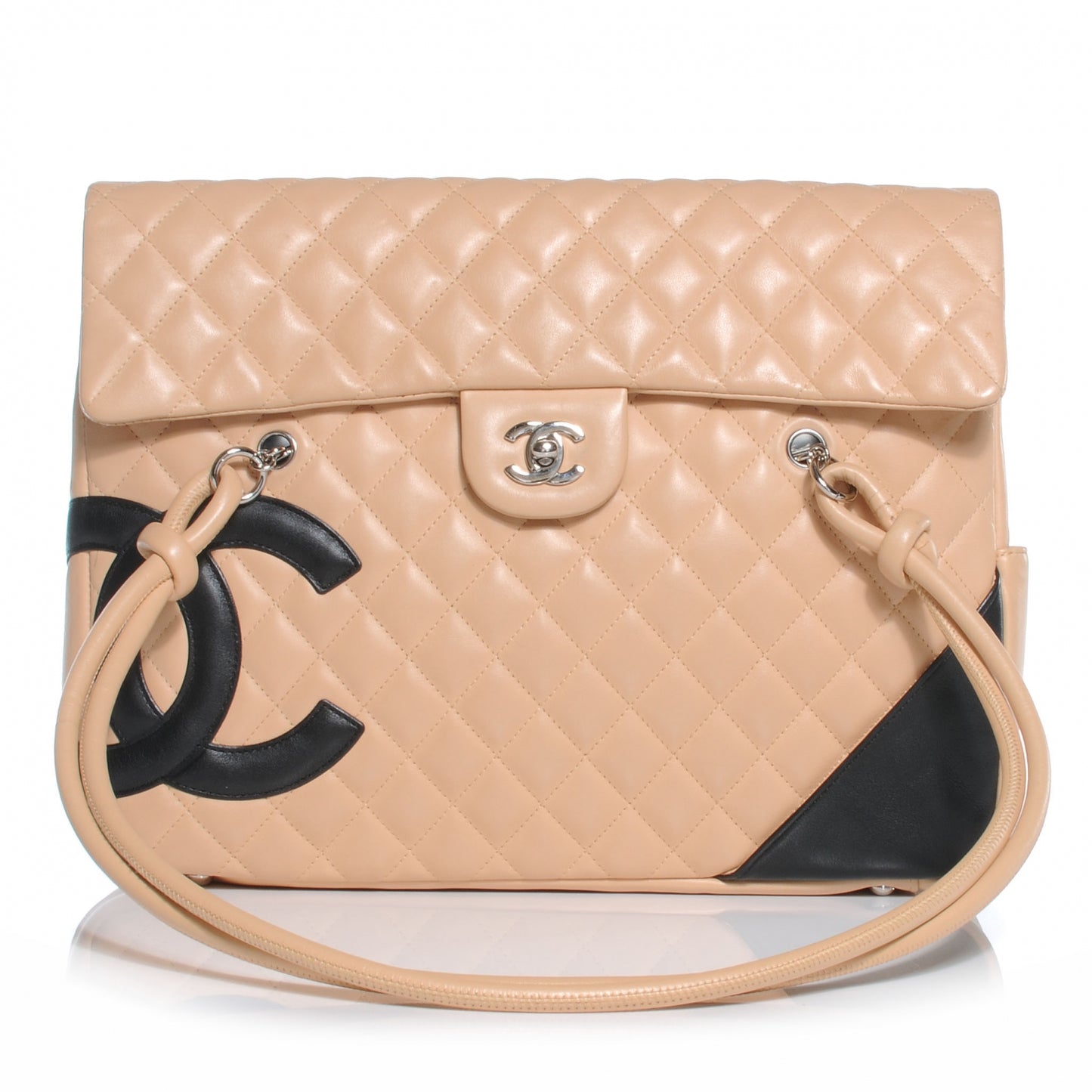 Calfskin Quilted Large Cambon Flap Beige Black