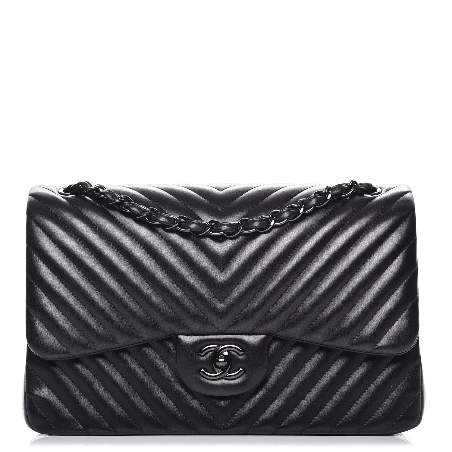 Chanel Lambskin Chevron Quilted Jumbo Double Flap So Black 1 of 15
