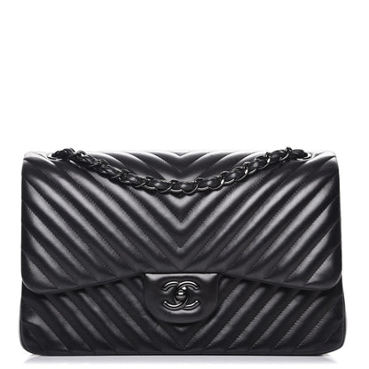 Chanel Lambskin Chevron Quilted Jumbo Double Flap So Black 1 of 15