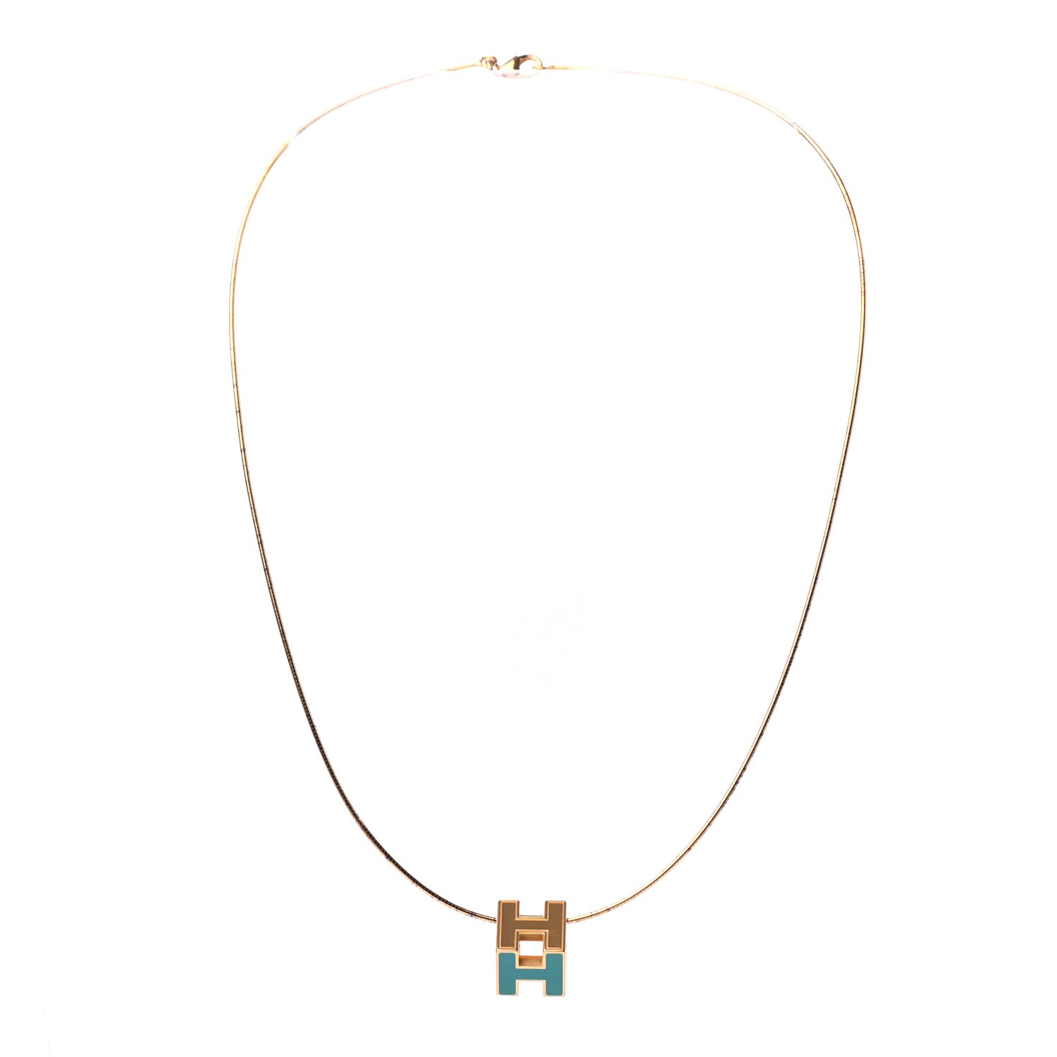 Hermes Gold Lacquered Cage d'H Pendant Necklace Turquoise 3 of 6