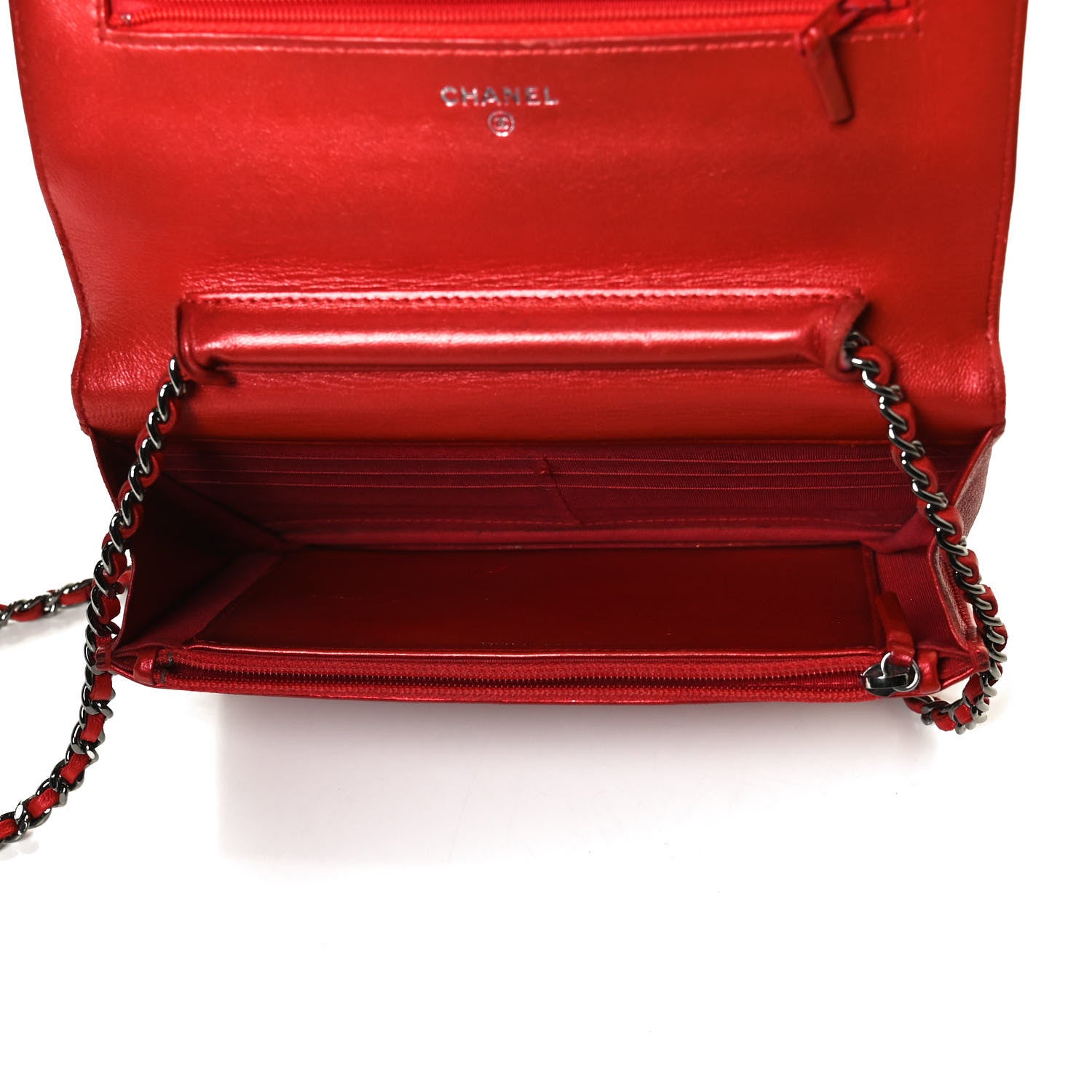 Chanel Metallic Patent Calfskin Quilted Boy Wallet On Chain WOC Red 5 of 10