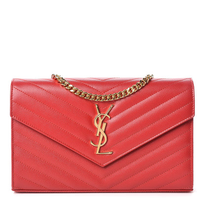 Saint Laurent Grain De Poudre Matelasse Chevron Monogram Chain Wallet New Red 1 of 9
