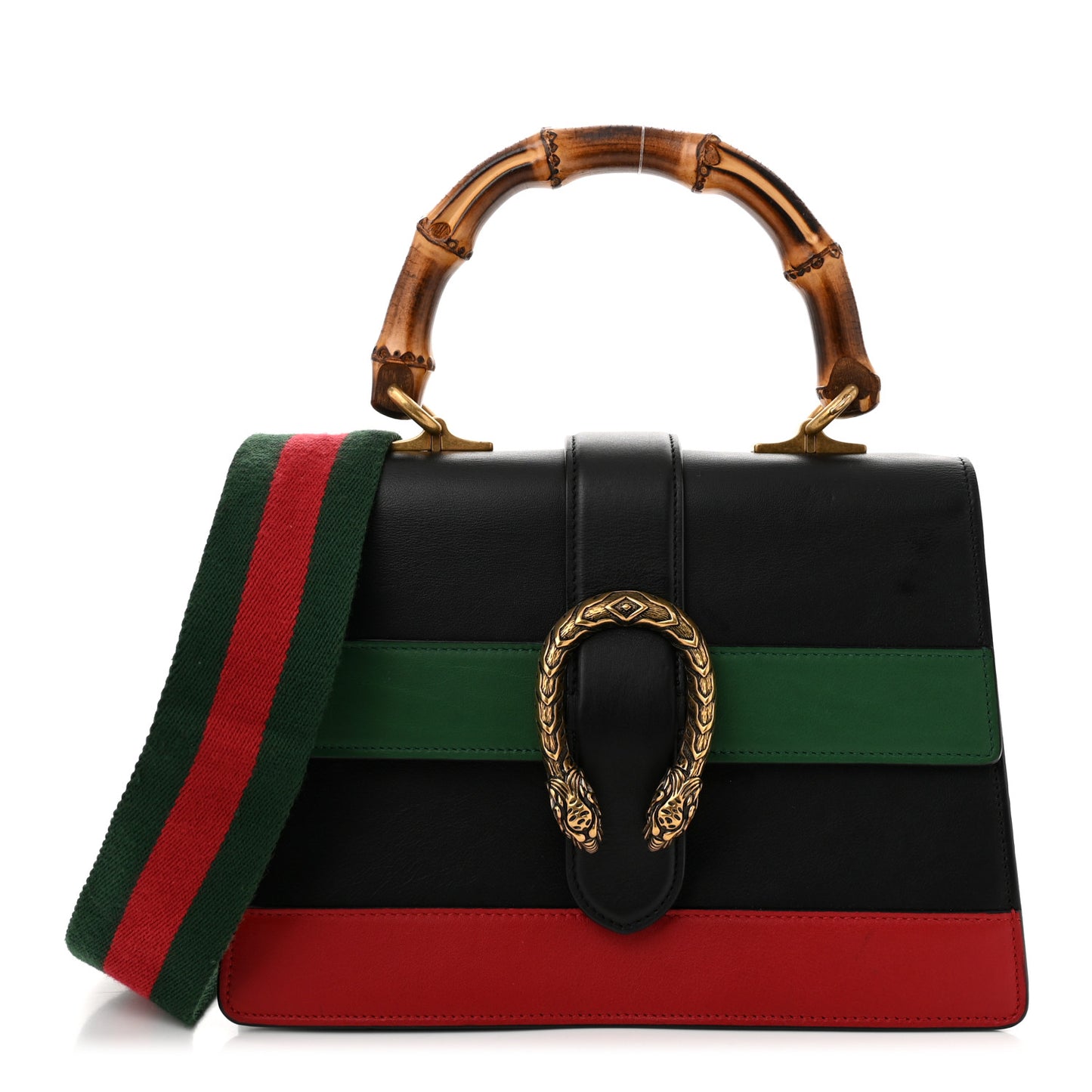 Moon Calfskin Web Medium Dionysus Bamboo Top Handle Bag Black Bright Evergreen Hibiscus Red