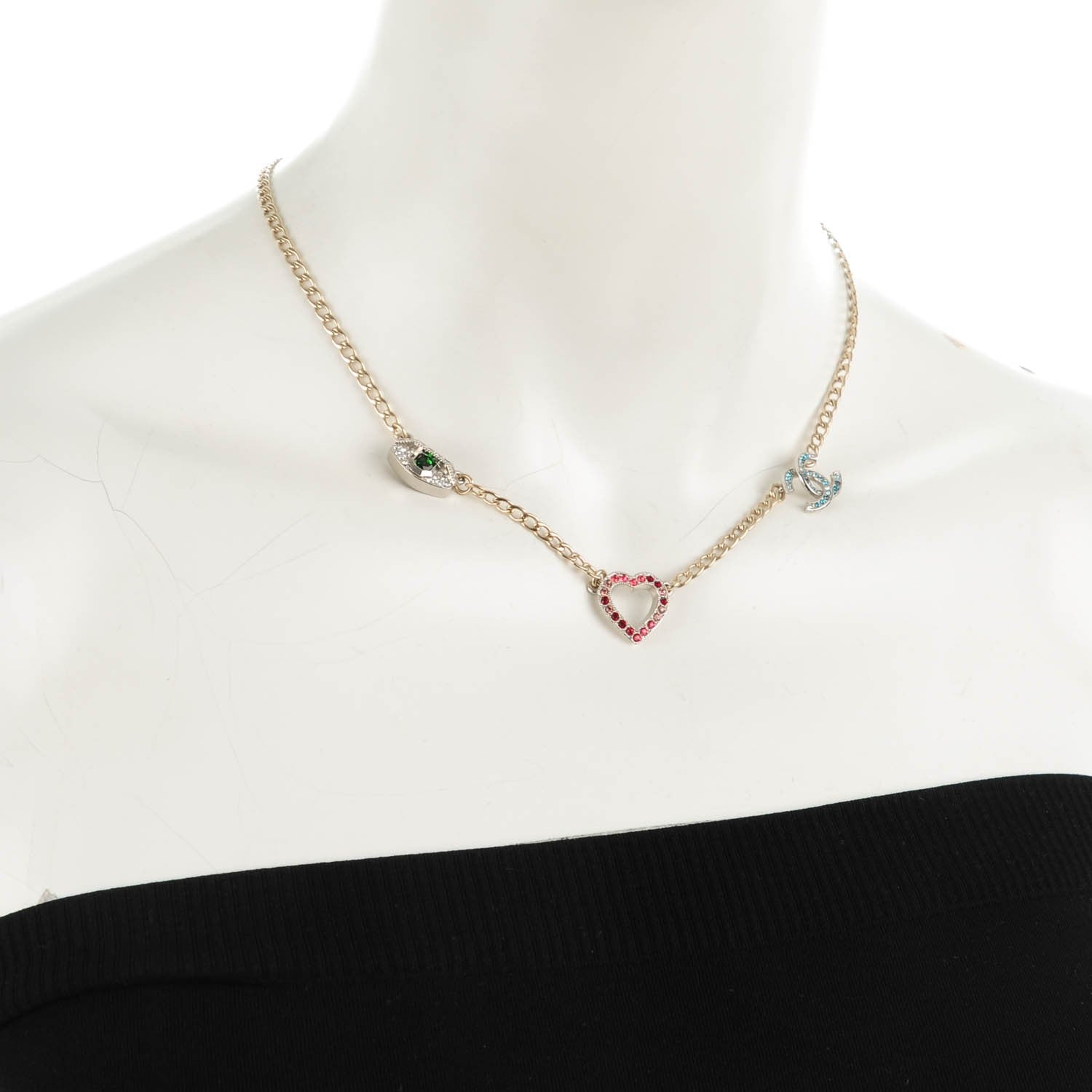 Chanel Crystal Heart Eye CC Charm Necklace Gold Silver 2 of 7