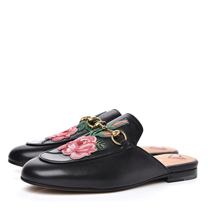 Gucci Calfskin Flower Embroidered Womens Princetown Slippers 35 Black 3 of 10