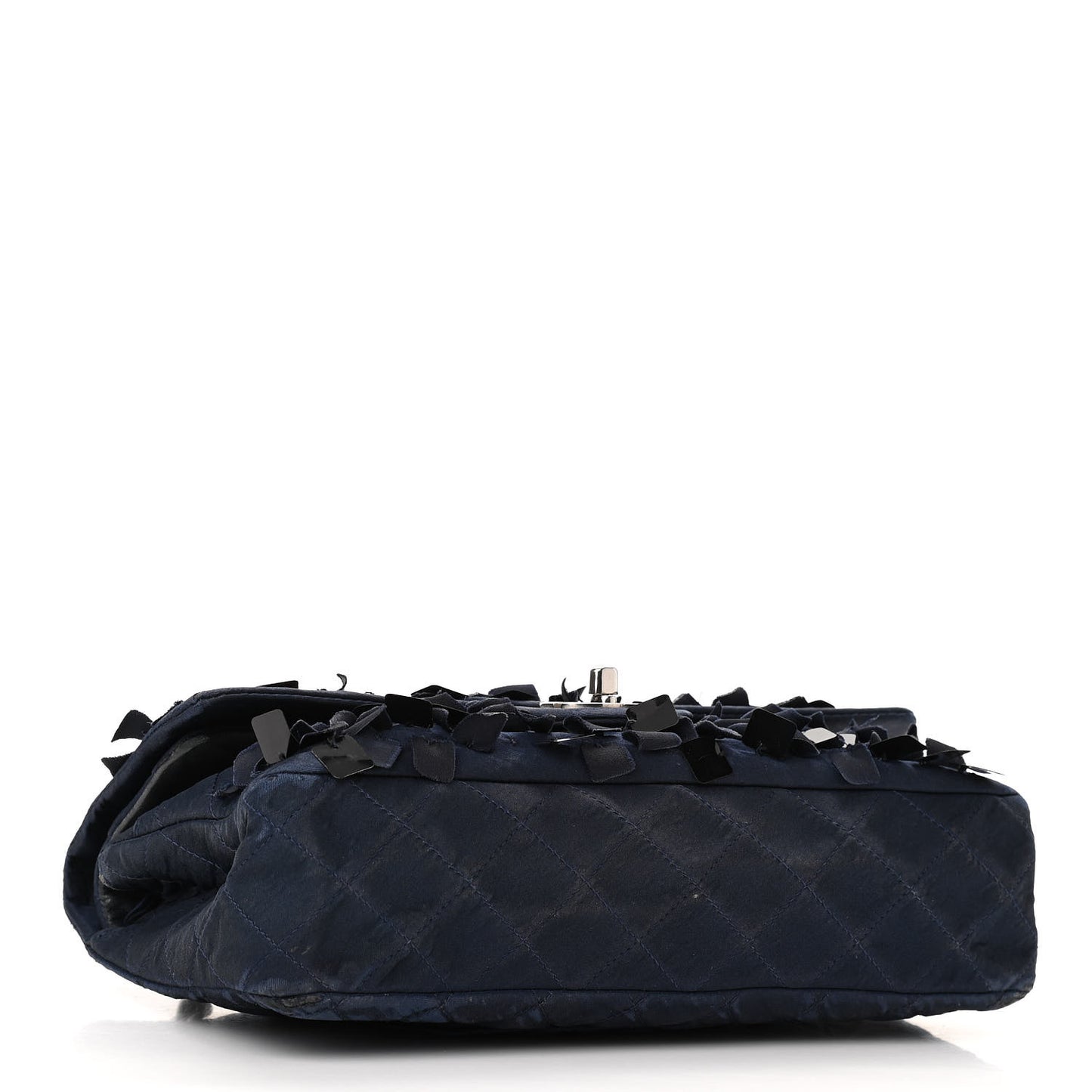 Satin Paillette Sequin Quilted Medium Single Flap Navy