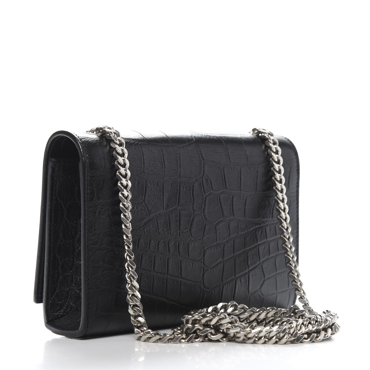Calfskin Crocodile Embossed Monogram Small Kate Tassel Satchel Black