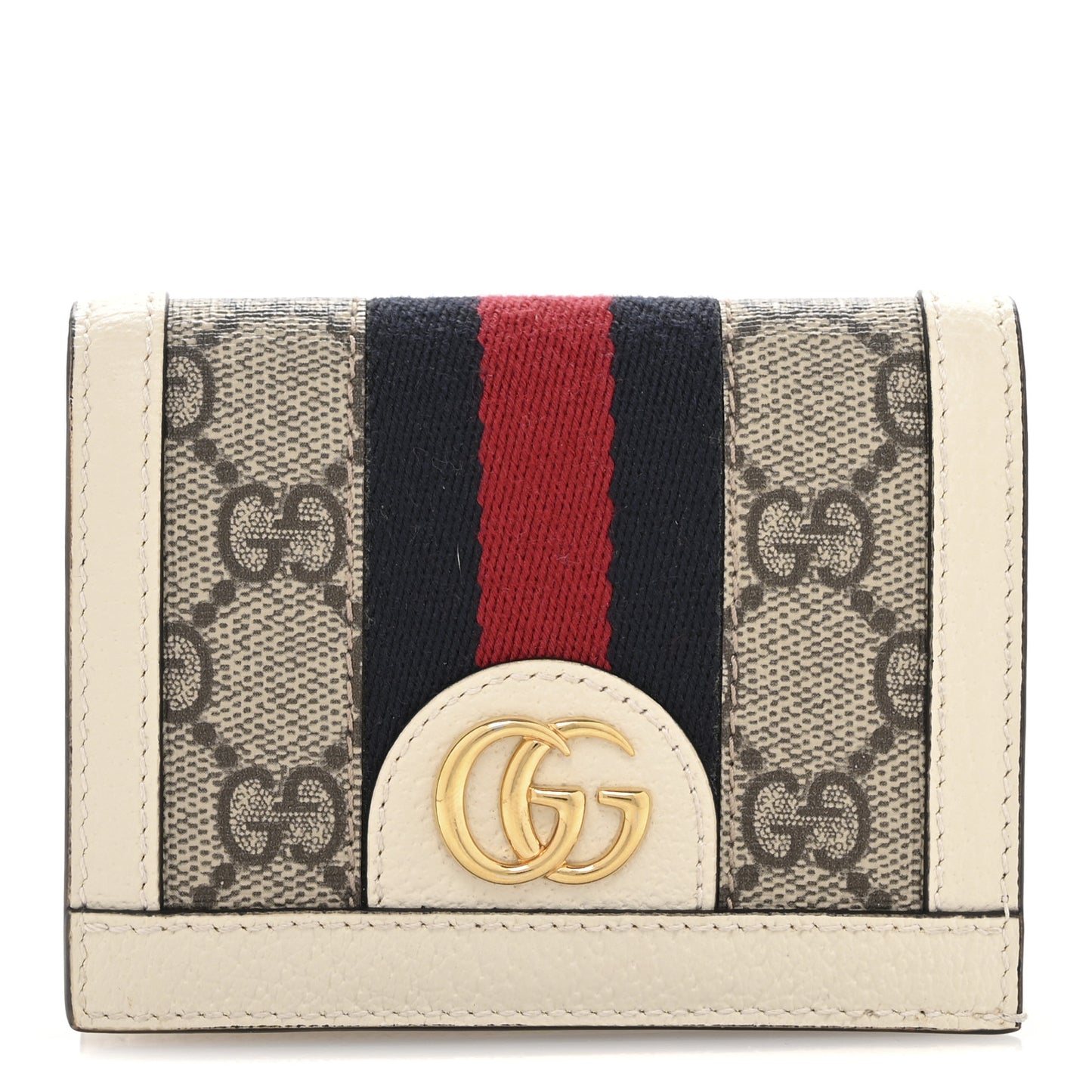 GG Supreme Monogram Textured Dollar Calfskin Web Ophidia Card Case Beige Ebony Mystic White