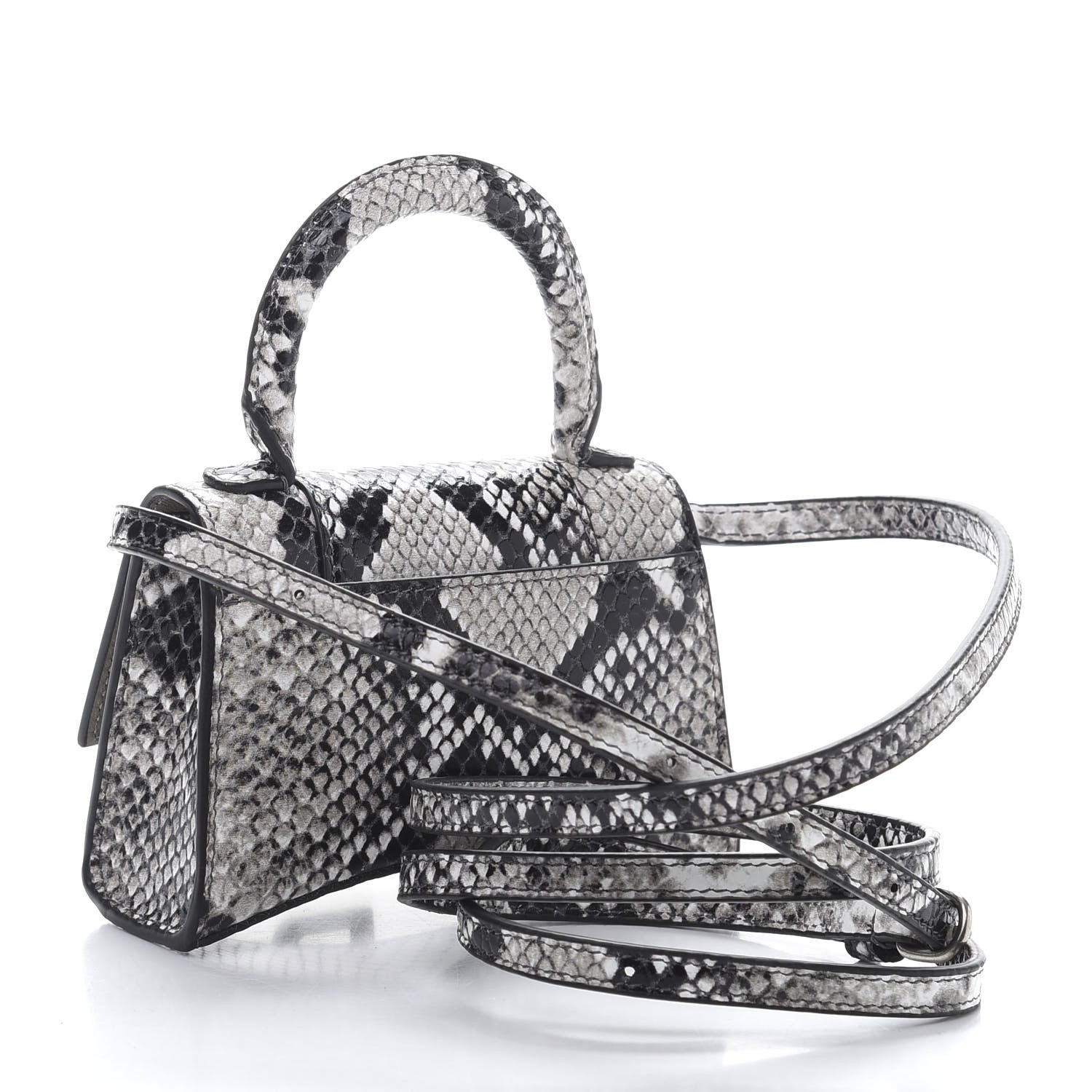 Balenciaga Shiny Calfskin Python Effect Hourglass Top Handle Bag Mini Black White 4 of 10