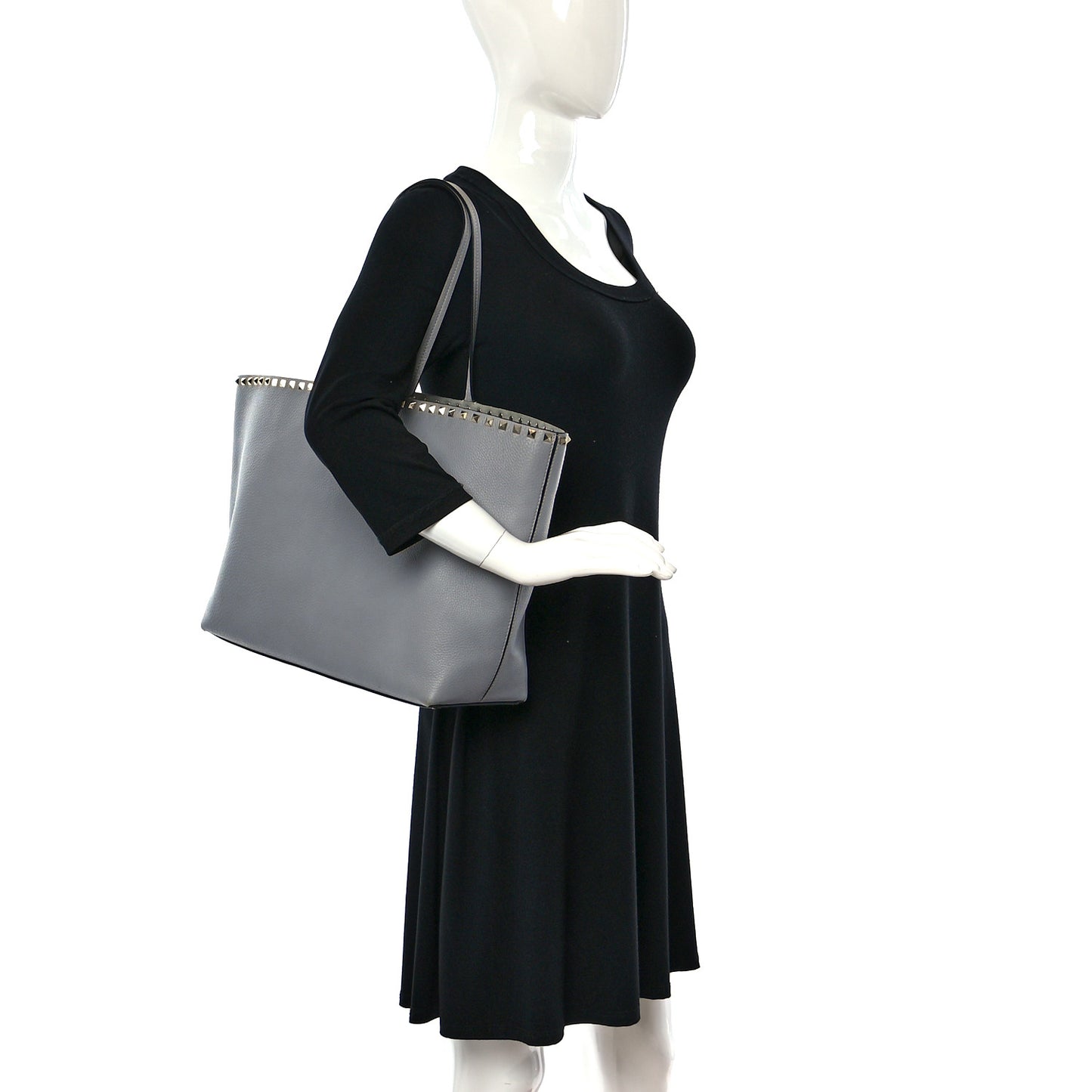 Grained Calfskin Rockstud Shoulder Tote Perla