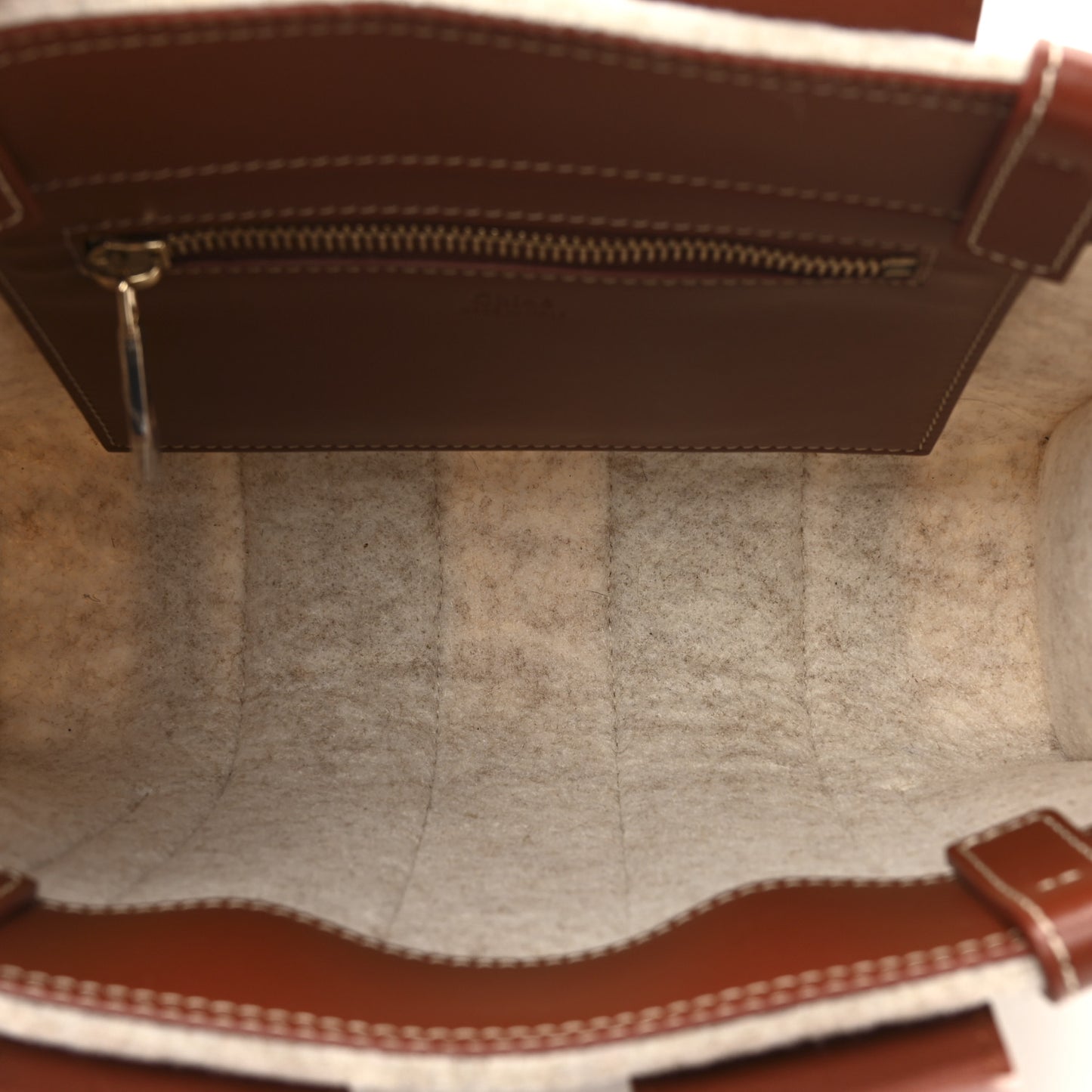 Felt Calfskin Small Woody Ribbon Tote With Strap Cement Beige