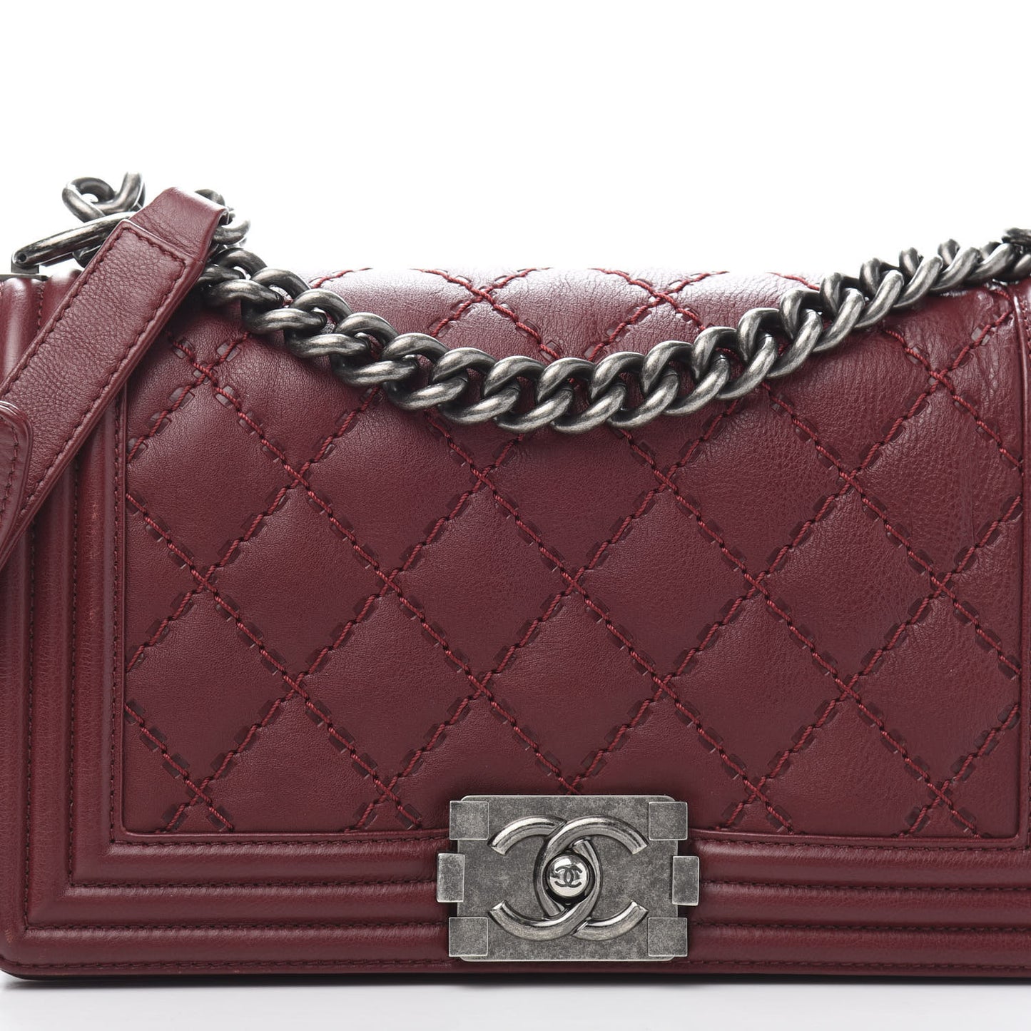 Calfskin Double Stitch Medium Boy Flap Burgundy