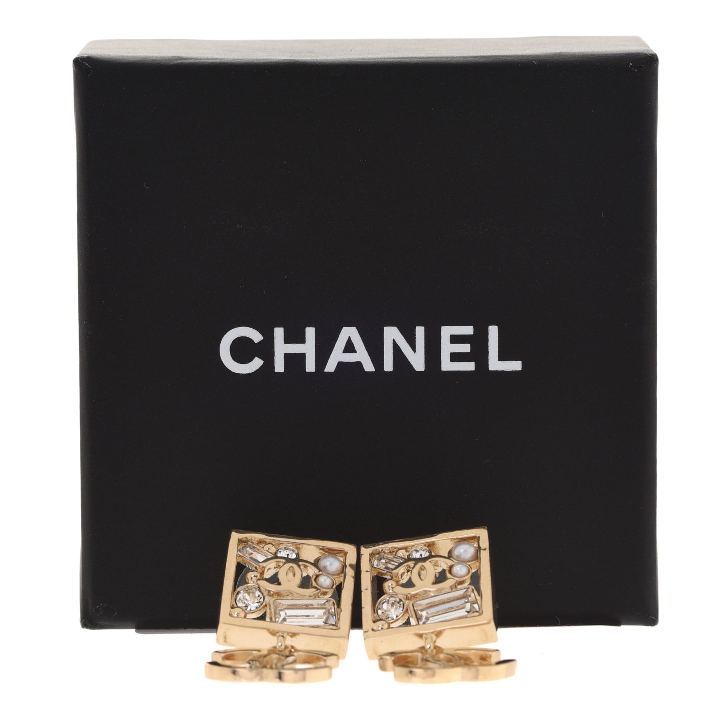 Crystal Pearl CC Square Drop Earrings Gold