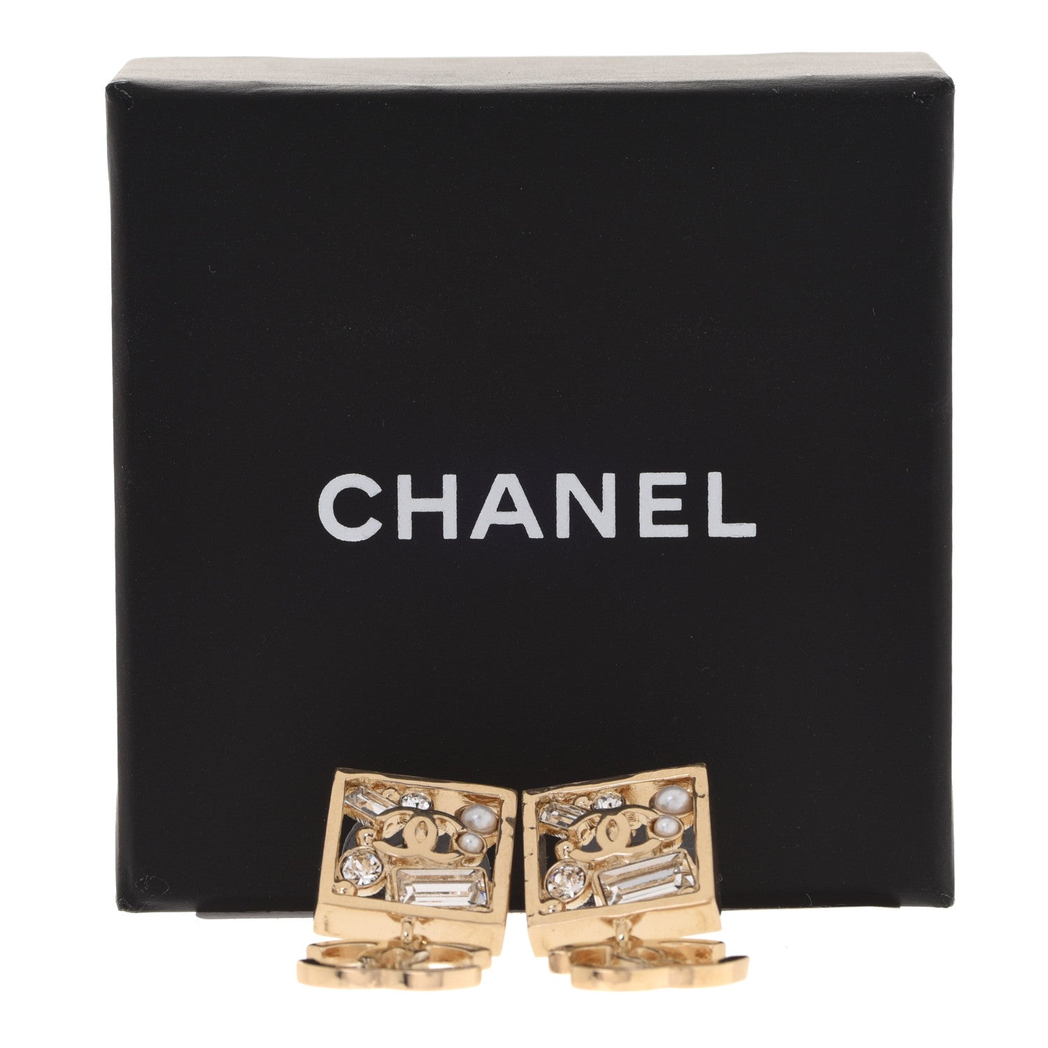 Chanel Crystal Pearl CC Square Drop Earrings Gold 5 of 5