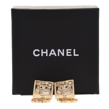 Chanel Crystal Pearl CC Square Drop Earrings Gold 5 of 5