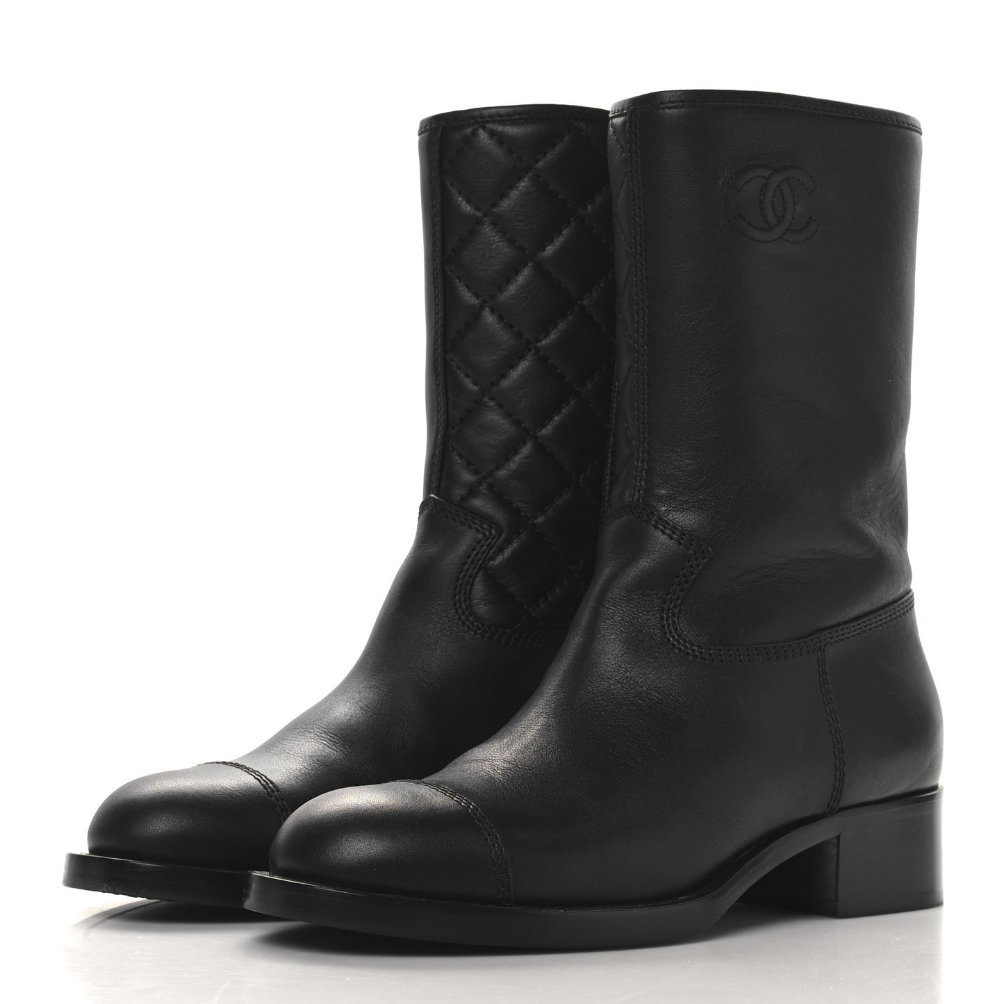 Calfskin Quilted CC Logo Mid Calf Boots 39 Black
