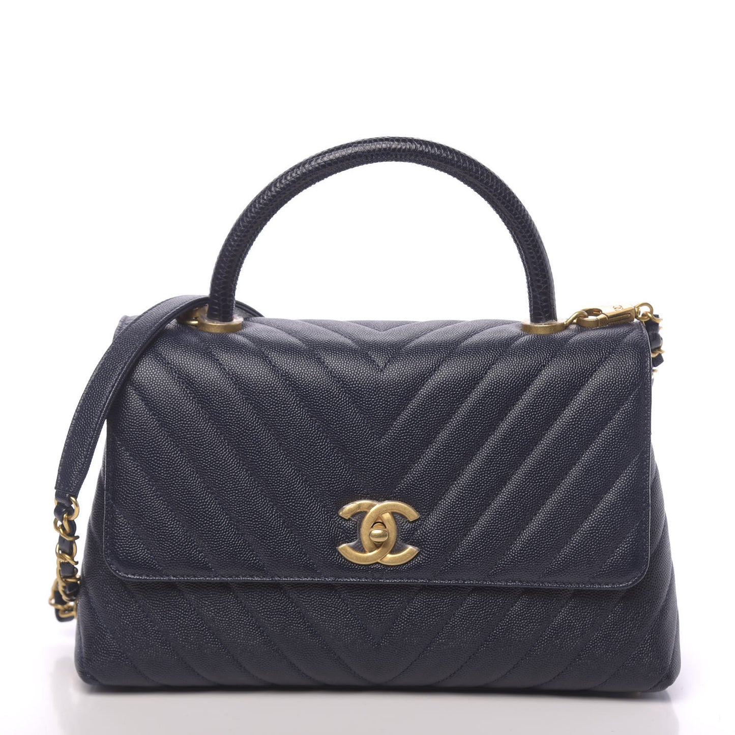 Caviar Chevron Quilted Small Coco Handle Flap Navy