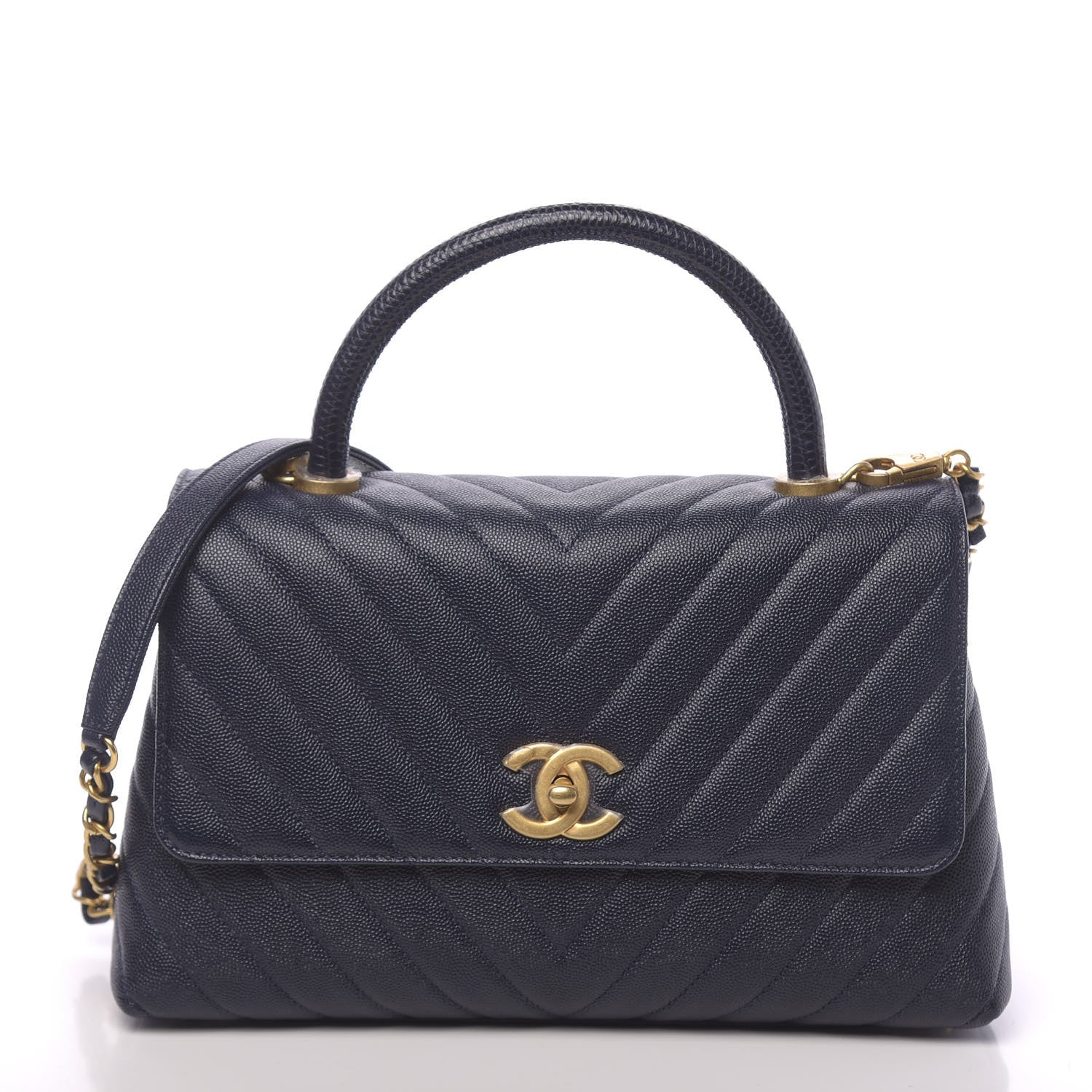 Chanel Caviar Chevron Quilted Small Coco Handle Flap Navy 1 of 11