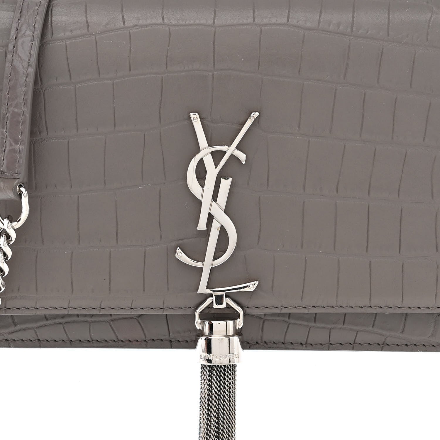 Saint Laurent Calfskin Crocodile Embossed Kate Monogram Tassel Chain Wallet Fog 8 of 12