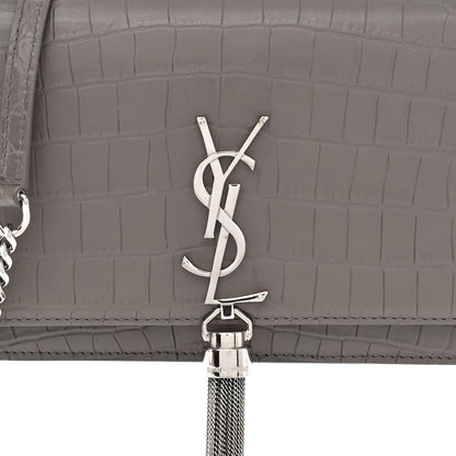 Saint Laurent Calfskin Crocodile Embossed Kate Monogram Tassel Chain Wallet Fog 8 of 12